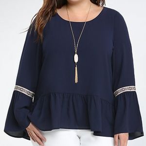 TORRID Embroidered Navy Trim Bell Sleeve Top Sz 1X